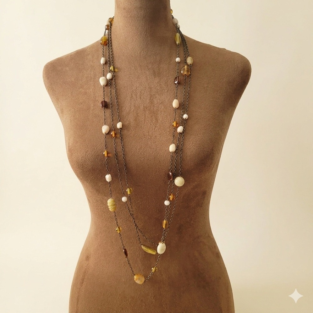 Long Bronze Multi Strand Beaded‎ Necklace Earth Tone Faux Pearl Boho 90s